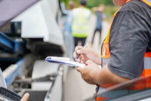 Inspector in a safety vest taking notes on a clipboard at a truck accident scene.