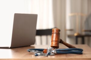 Gavel, stethoscope, and laptop on a desk, symbolizing the intersection of law and healthcare.