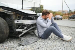 Man sitting distressed by a damaged car, highlighting the importance of medical exams for insurance claims.